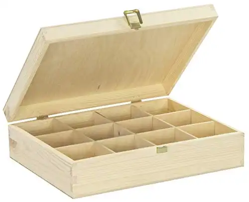 Holz-Teebox: 12 Fächer, 29x22x8 cm. Teebeutelspender mit Schnappverschluss