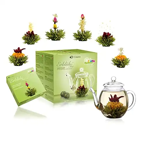 Teeblumen Geschenkset: Erblühtee mit Glaskanne, Grüner Tee (6 Sorten)