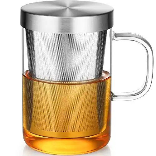 Glas Teetasse mit silbernem Edelstahl Sieb und Deckel, Borosilikat, 500ml