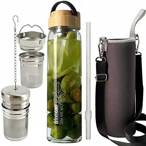 Glas-Trinkflasche: Bambusdeckel & Hülle. Für Tee, Kaffee, Sieb, 1 Liter