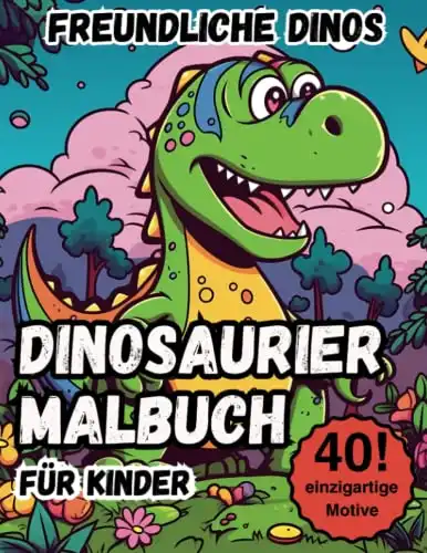 Freundliches Dinosaurier Malbuch mit 40 Motiven