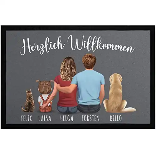 SpecialMe® Fußmatte Familie personalisiert mit Figuren und Namen 1,2,3,4 Kinder Hund Katze rutschfest & waschbar schwarz 60x40cm