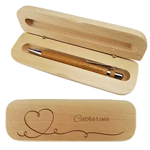Holz-Kugelschreiber und Holzbox mit Name graviert - Personalisiertes Schreibset aus Holz - mit individueller Wunsch-Gravur als Geschenk (Herz)