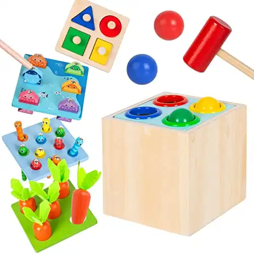 Montessori Spielzeug ab 1 Jahr, 5 In 1 Holzspielzeug Baby Sortier & Stapelspielzeug