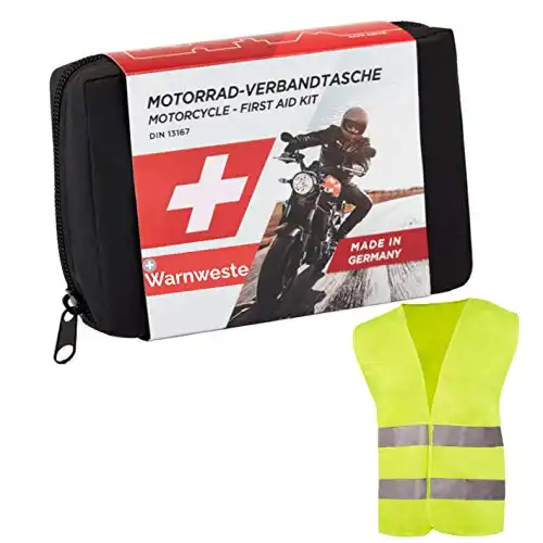 GoLab ® Motorrad Erste Hilfe Set - klein und kompakt, Verbandtasche nach DIN 13167 mit Warnweste für alle europäischen Länder geeignet (Österreich, Schweiz, Italien, Deutschland usw.)