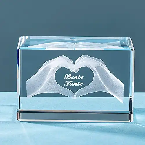 3D Kristall-Glas mit Gravur Herz aus Zwei Händen und Text 