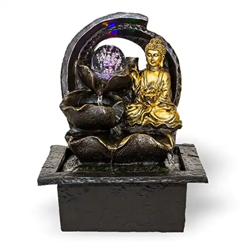 Dekorativer Zimmerbrunnen mit Buddha und LED-Beleuchtung
