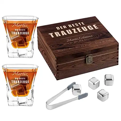 Whisky Steine Set - in Holzbox mit Gravur (8 Eiswürfel + 2 Gläser)