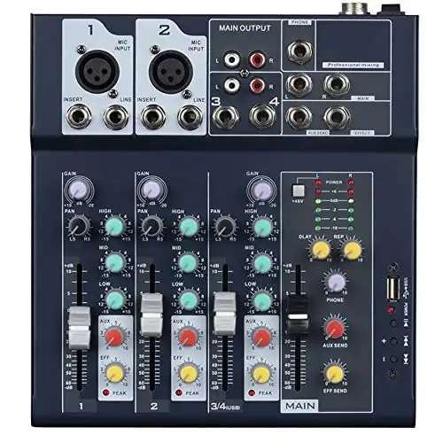 Professioneller Mixer mit 4-Kanal-2-Bus-Mixer, USB-Audio-Schnittstelle, Stereo-Equalizer