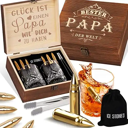 Whisky Gläser Geschenkset für Papa, Whiskey Geschenke für Männer mit 2 Whiskey Gläser und 6 Whisky Steine, Bester Papa Whiskygläser Geschenk Weihnachten für Vater Opa Stiefvater