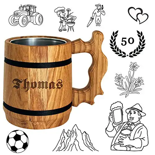 Bier Geschenk personalisiert - Holz Bierkrug mit Edelstahl Becher 0,5 L - Gravur mit Name - für Männer, Vater, Biertrinker - beliebte Alternative zum Bierglas, Glaskrug, Tasse