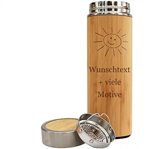 Isolierflasche mit Name, Spruch + Motiv Gravur - Trinkflasche in Holz Optik 400 ml, Thermosflasche für Kaffee oder Tee, personalisiertes Geschenk für Männer und Frauen