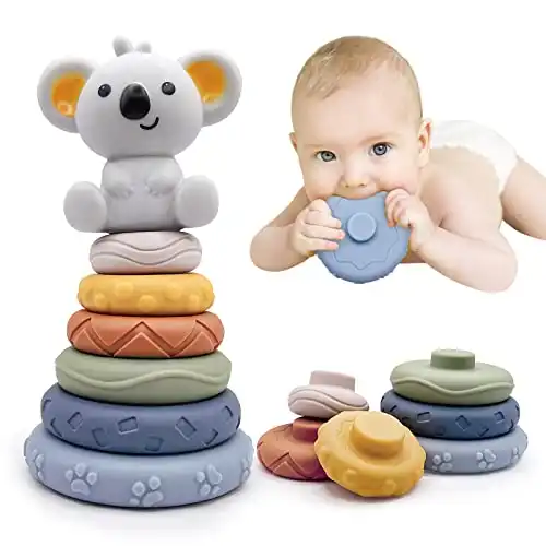 Lixiin 7 Stück Stapelspielzeug mit Ringen, Stapelturm für Stapelspiel, Squeeze Zahnen Babyspielzeug, Früherziehung Spielzeug Geschenke für 6 12 18 Monate Baby Kleinkind Jungen Mädchen (TT561)