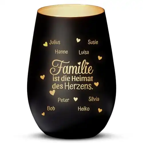 Love Faith Heimat des Herzens Windlicht Schwarz/Gold - Personalisiertes Windlicht für Teelichter mit Namen-Gravur - Geschenk für Eltern & Großeltern
