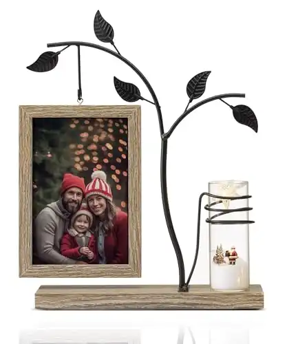 Afuly Bilderrahmen 10x15 Holz Doppelglas Natur Braun Fotorahmen mit Vase und Metall Baum Fotogeschenke Familie Geschenk für Mama Oma