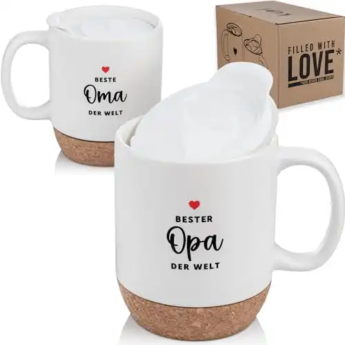 kupi Tassen für Oma und Opa Geschenke | Kaffeetasse Oma und Opa Tasse | Geschenke für Großeltern | Geschenk Teetasse mit Deckel 350ml