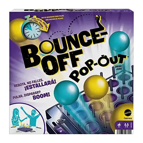Mattel Games HKR53 - BOUNCE-OFF POP-OUT Partyspiel für Familien, Jugendliche, Erwachsene mit 16 Bällen, 20 Herausforderungskarten, Spielgitter mit Timer, Geschenk für Kinder ab 7 Jahren