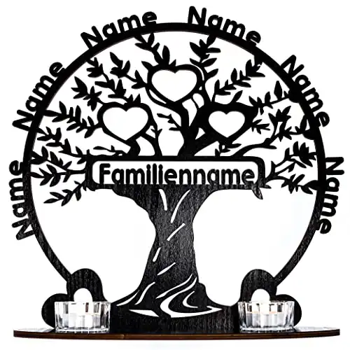 Waluna® Lebensbaum Teelichthalter personalisiert mit bis zu 6 Namen Familienbaum mit Familienname Stammbaum Kerzen in 12 Farben Tischdeko