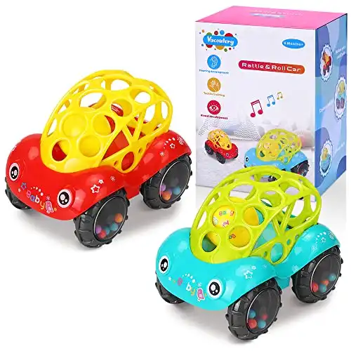 Spielzeugauto mit Rassel, 2 Stück Kinderspielzeug Baby Rasselspielzeug Geschenke für 6-12 Monate Spielzeugauto Flexibles und Leichtgreifbares Design für 1 2 3 Jährige Jungen Mädchen
