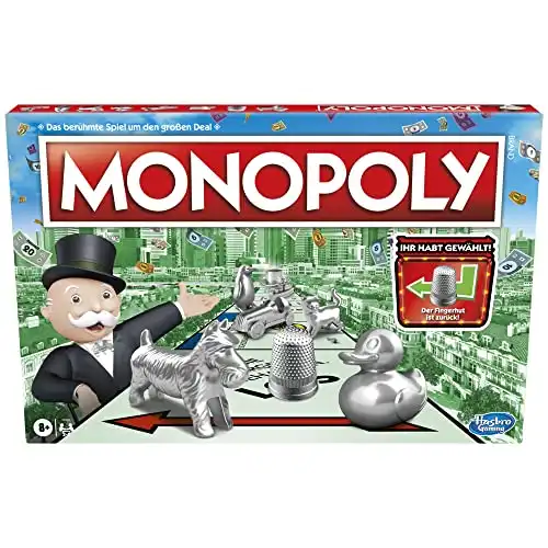 Monopoly Spiel, Familien-Brettspiel für 2 bis 6 Spieler, ab 8 Jahren für Kinder, mit 8 Spielfiguren (Figuren können variieren)