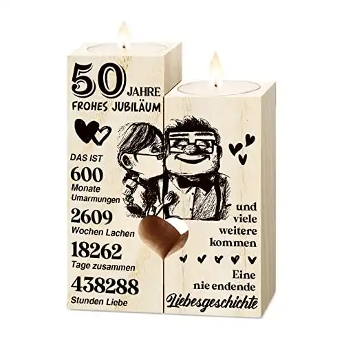 Goldene Hochzeit Geschenke, 50. Hochzeitstag - Kerzenständer aus Holz , Deko, Glücklich 50. Jahrestag für Frau Mann Paare
