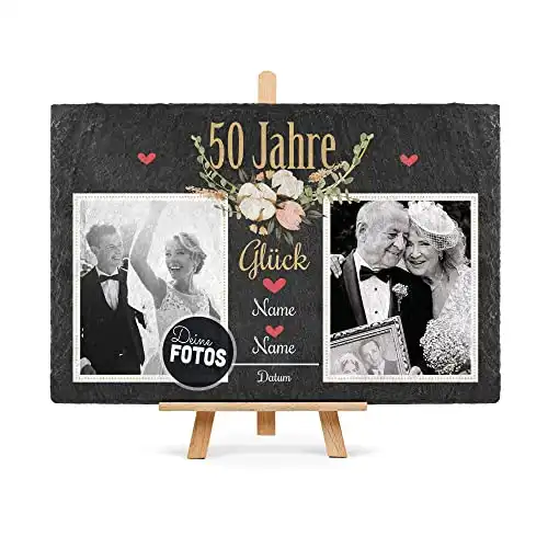 PR Print Royal Schiefertafel selbst gestalten- Fotocollage - 50 Jahre - Personalisiertes Geschenk zur goldenen Hochzeit mit Zwei Fotos, Namen und Datum - inkl. Holzstaffelei, 20 x 30 cm