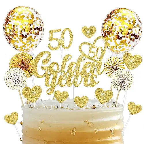 19 Stück Tortendeko Goldene Hochzeit, 50 Golden Years Cake Topper, Glitzer Goldene 50. Geburtstag Kuchendeko, Torten Topper Goldene Hochzeit Geschenke