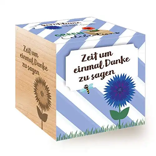 Feel Green 296695 Celebrations Ecocube, Kornblume Bio Samen, Holzwürfel Mit Lasergravur «Zeit Um Einmal Danke Zu Sagen», Nachhaltige Geschenkidee, Anzuchtset, Made in Austria