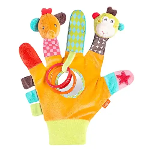 Fehn Spielhandschuh Safari – Fingerpuppen Baby Spielzeug Affe und Elefant zum Greifen und Geräusche erzeugen – Handpuppen für Kinder und Babys ab 0+ Monaten - Puppenhandschuh mit Greifling und R...
