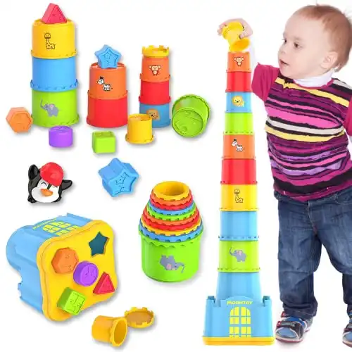MOONTOY Stapelbecher Baby, Stapelturm ,Stapelwürfel ab 12 + Monate kinderspielzeug,Montessori Spielzeug ab 1-6 Jahr, Badewannen und Sandspielzeug für drinnen, draußen, Lernspielzeug Geschenk