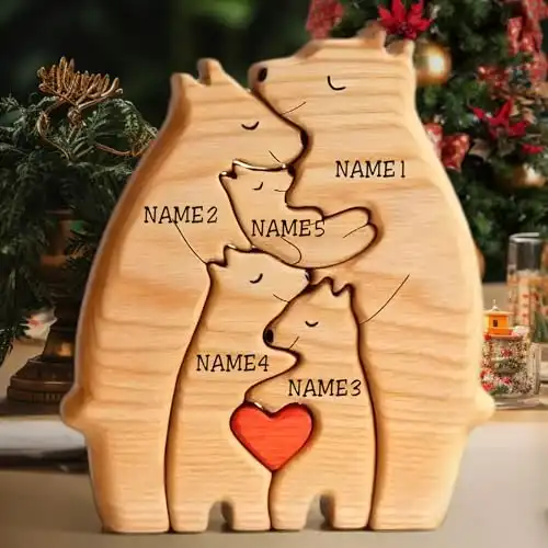 VEELU Personalisiertes Holzkunstpuzzle der Bärenfamilie mit 1-8 Namen| Holz Bär Skulpturen Desktop Ornament Home Tischdekoration, Geschenk für Familie| Bürodekoration