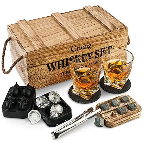 Cneng Whisky Steine Geschenkset mit Glas，Whisky Gläser Set,Personalisiert Whiskey Geschenk für Männer, 2x 300ml Gläser，6 Whisky-Steine,Whisky Zubehör mit Holz Geschenkbox