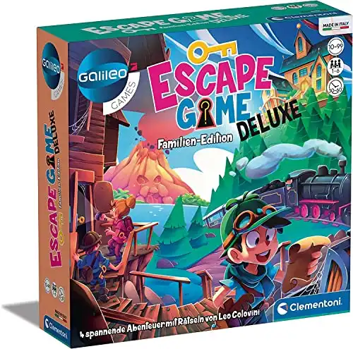 Clementoni 59257 Escape Game – Deluxe, Familien-Edition, Gesellschaftsspiel zum Rätseln, mit 4 Abenteuern, inkl. Hinweiskarten & Requisiten, ideal als Geschenk, Familienspiel ab 10 Jahren