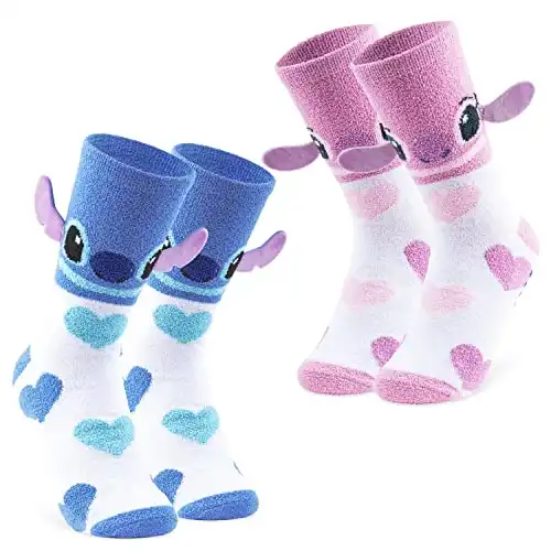 Disney Damen Socken, 2er Set Kuschelsocken Damen Flauschig mit ABS Stitch und Angel (Rosa/Blaue Herzen)